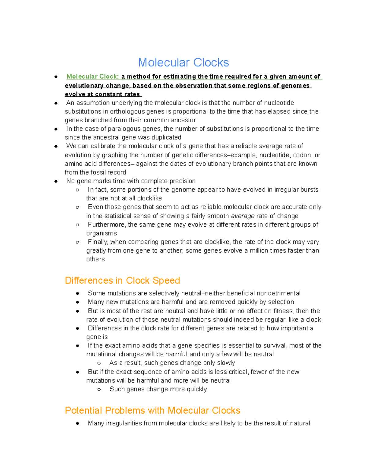 26.5 Molecular Clocks Help Track Evolutionary Time Molecular Clocks