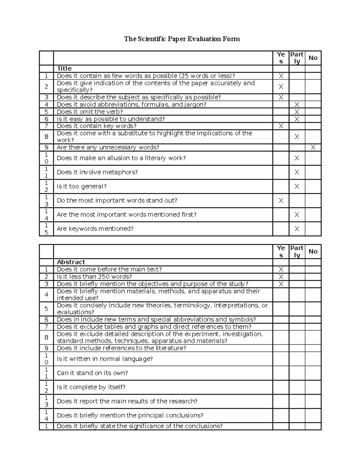 Critique Paper Checklist - The Scientific Paper Evaluation Form Ye s ...