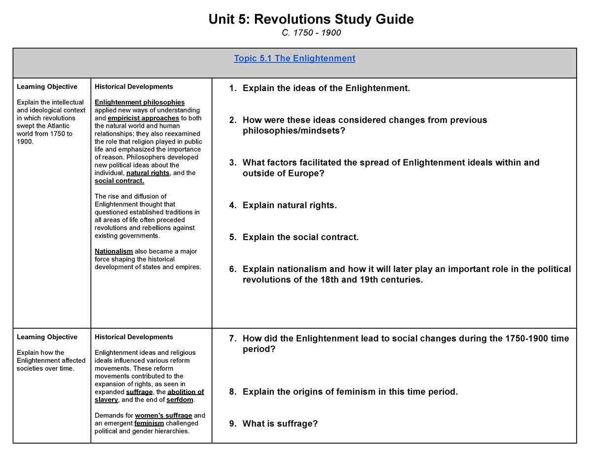 Unit 5 Review Sheet - Unit 5: Revolutions Study Guide C. 1750 - 1900 