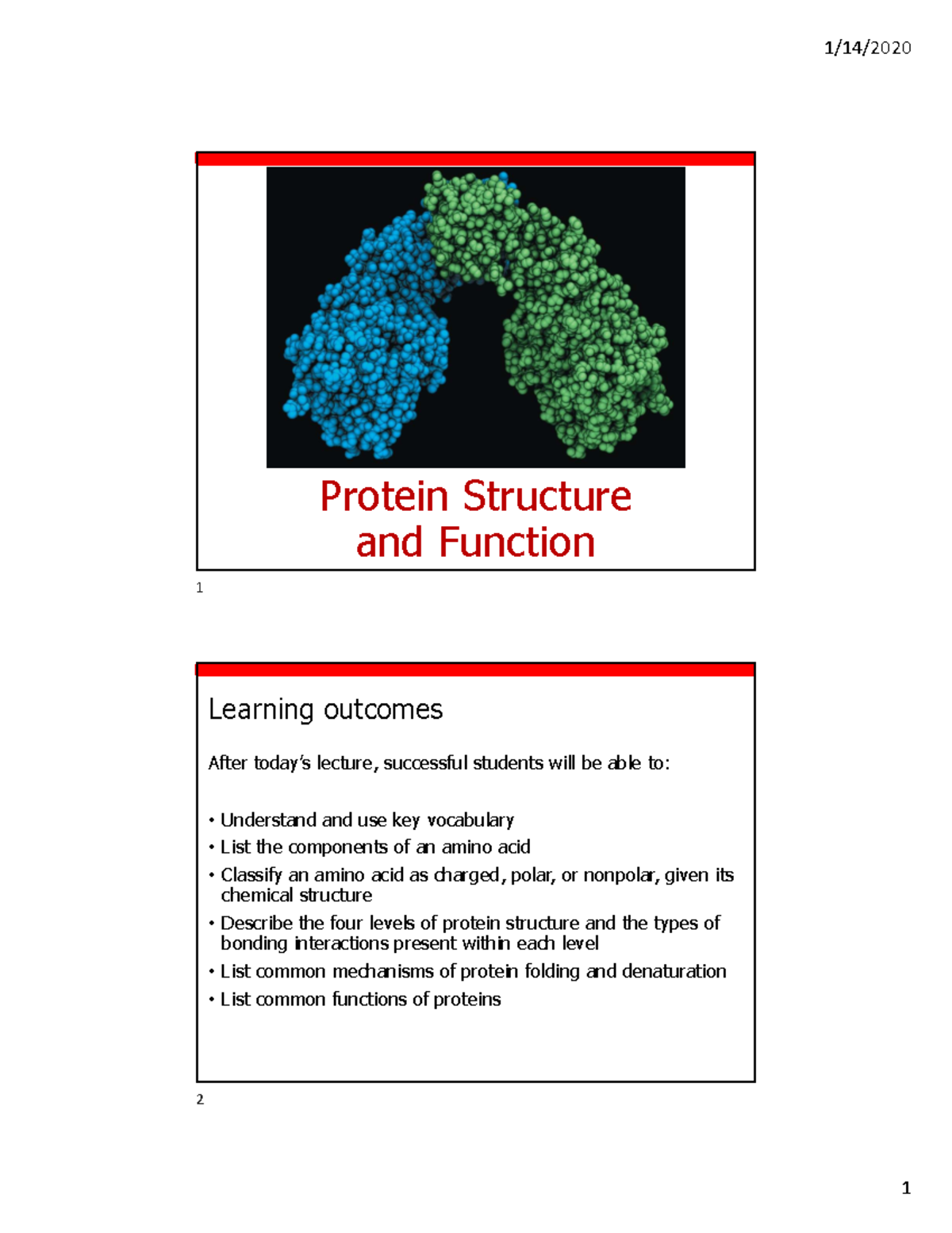 Lecture 04 - Jan16 - Protein Structure and Function - Protein Structure ...