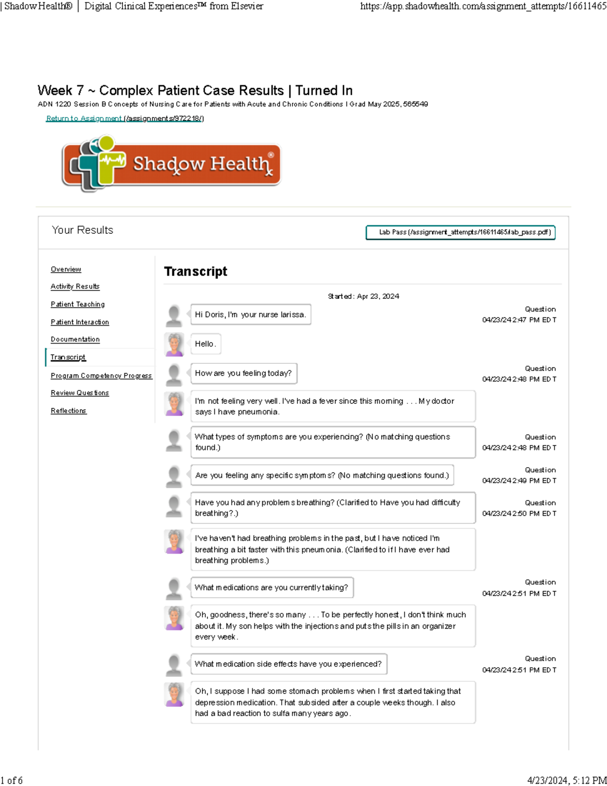 Shadow Health Complex Patient Case Doris Turner Transcript Week 7