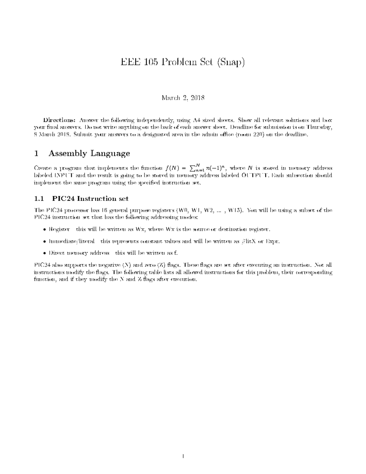 Binary arithmetic - EEE 105 ProblemSet (Snap) Mar h2, 2018 Dire - Studocu