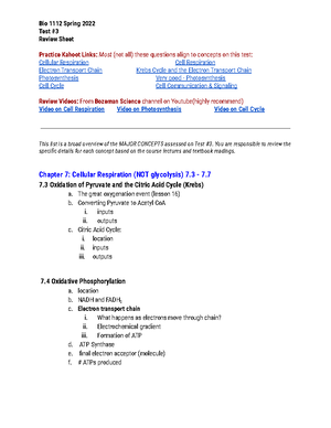 Bio II TEST #4 Review sheet - Bio 1112 Spring 2022 Test Review Sheet ...