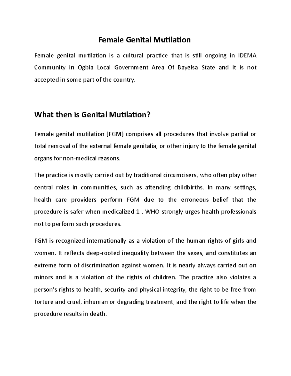 Female Genital mutulation assignment - Female Genital Mutilation Female ...
