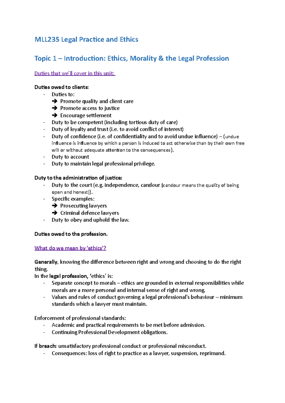 Ethics Notes Week 1 MLL235 Legal Practice and Ethics Topic 1