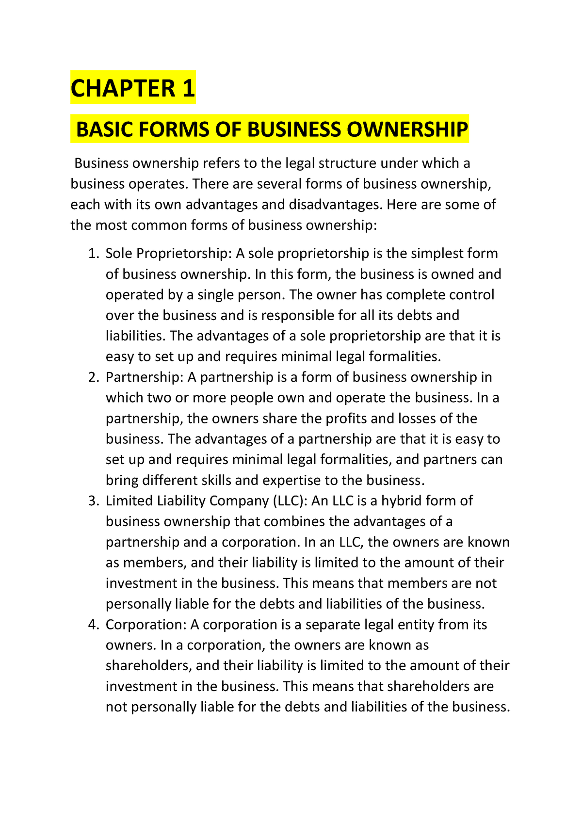 forms of business ownership essay