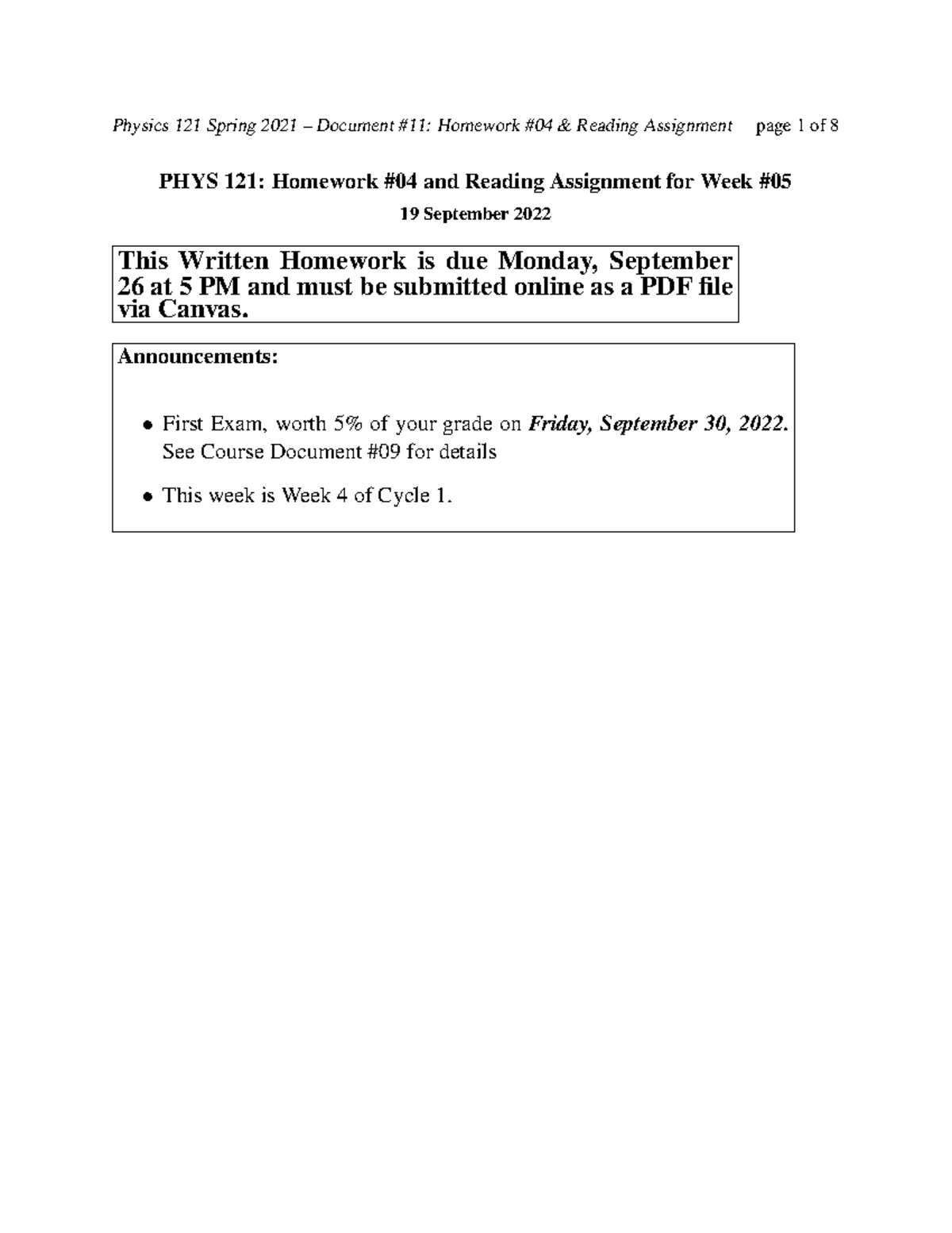 Physics 121 - Homework 4 - PHYS 121: Homework #04 And Reading ...