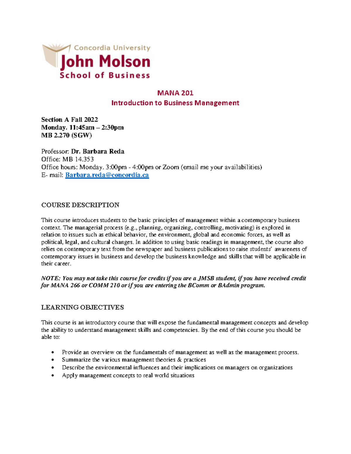 2022 09 05 MANA 201 A Fall 2022 Course outline - MANA 201 Introduction ...
