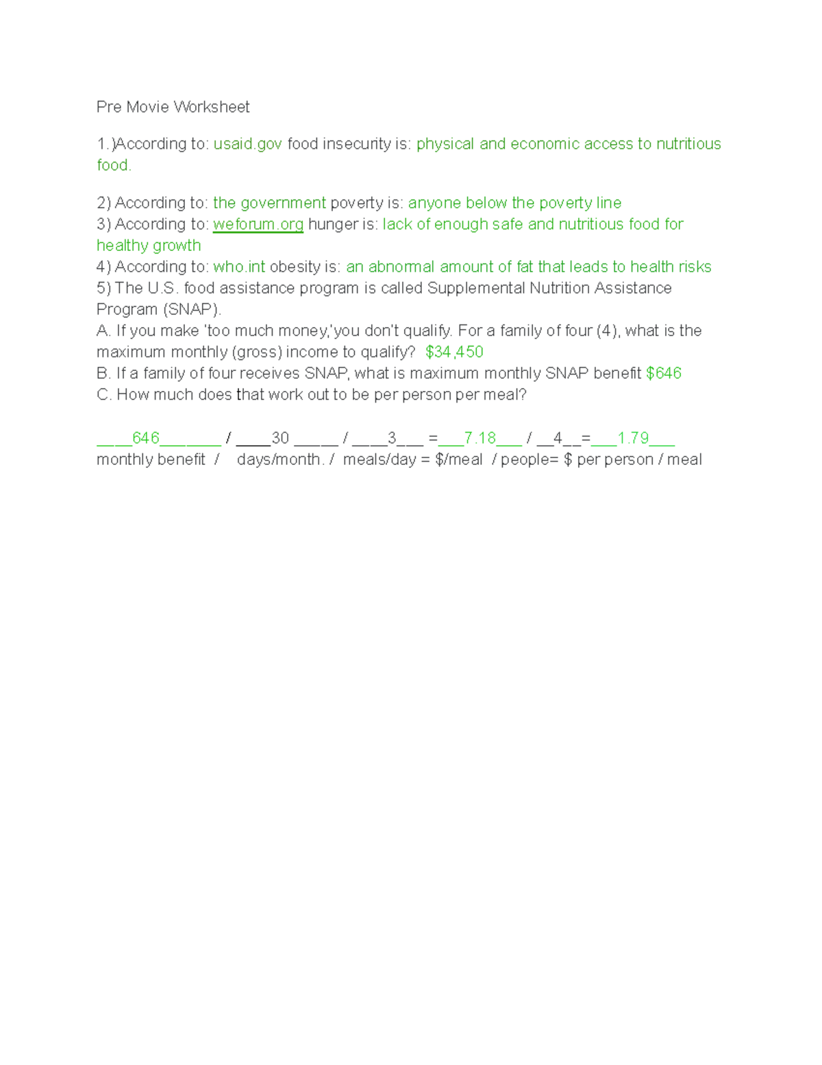 pre movie worksheet according to usaid insecurity is physical and economic access to nutritious studocu