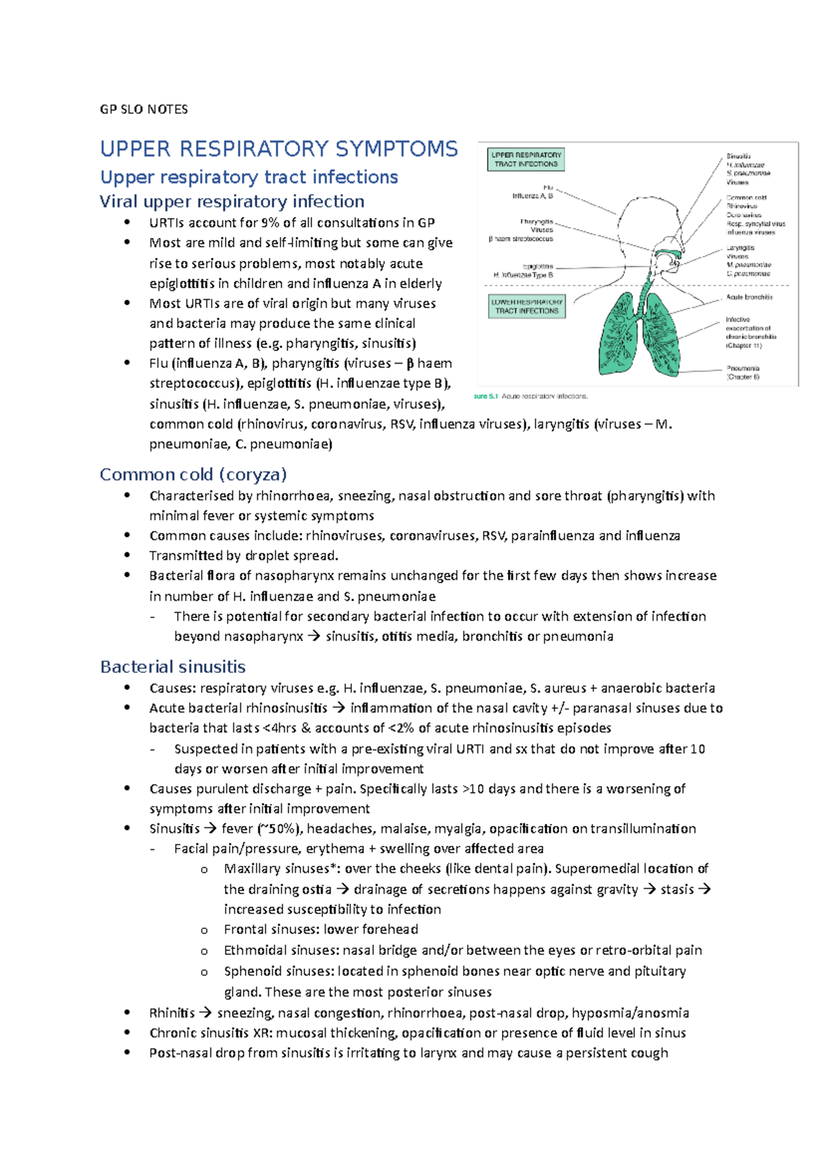 Upper resp symptoms and diseases - GP SLO NOTES UPPER RESPIRATORY ...