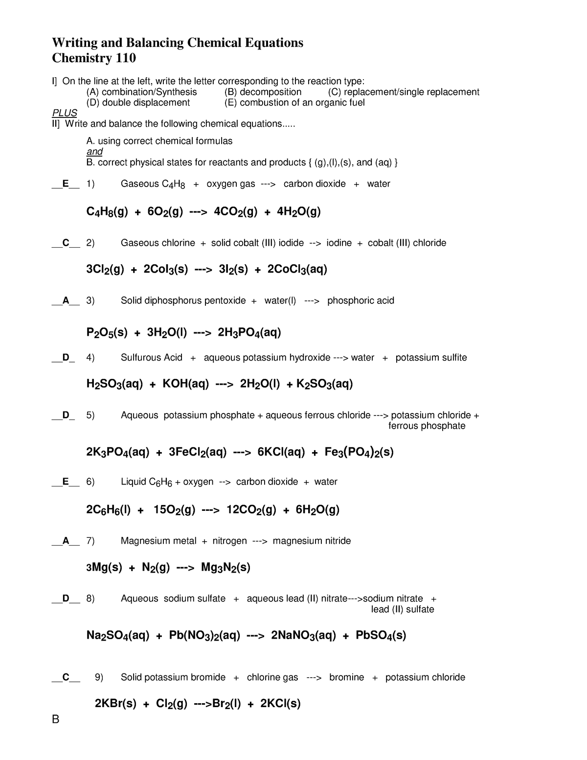 110 WS Writing and Balancing Chemical Equations key - B Writing and ...