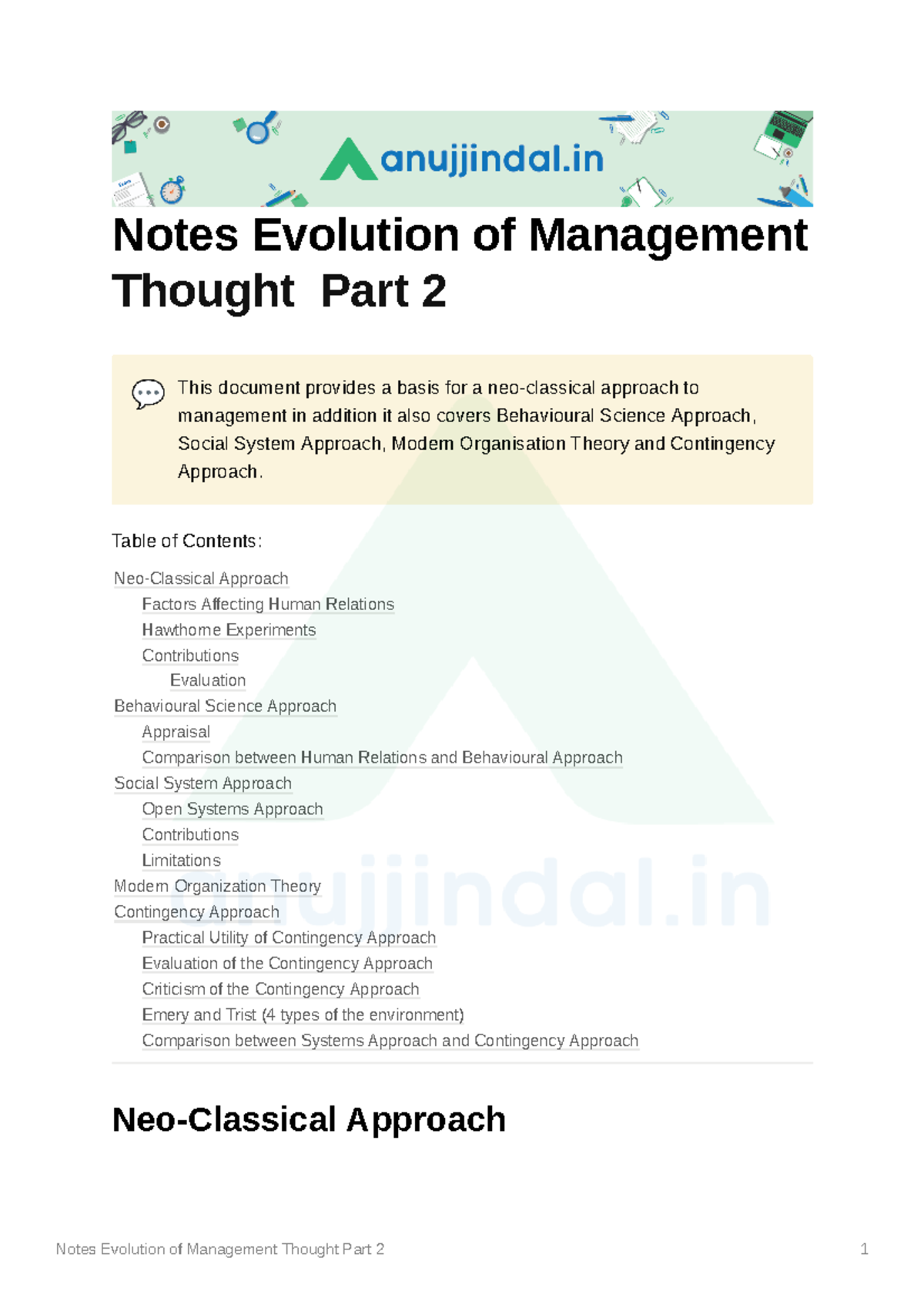 Notes Evolution of Management Thought Part 2 - Table of Contents: Neo ...