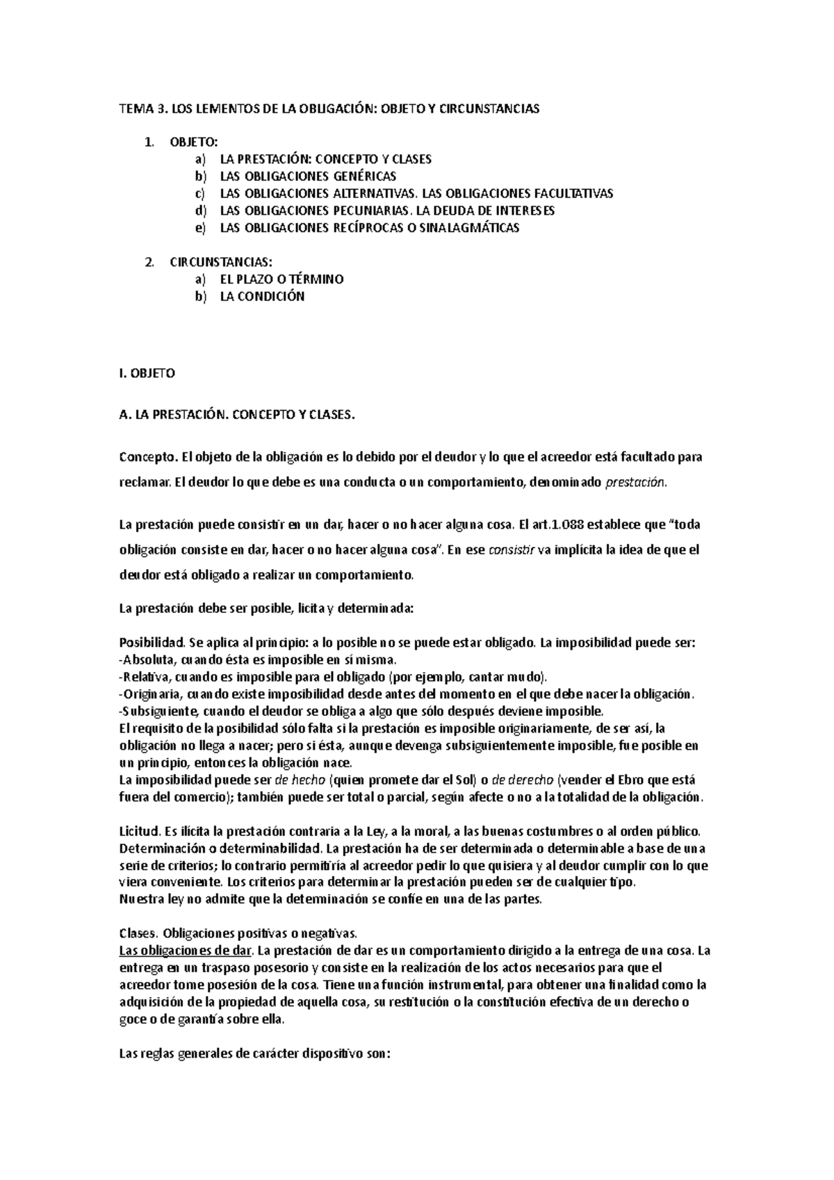 TEMA 3 - Apuntes 3 - TEMA 3. LOS LEMENTOS DE LA OBLIGACIÓN: OBJETO Y ...