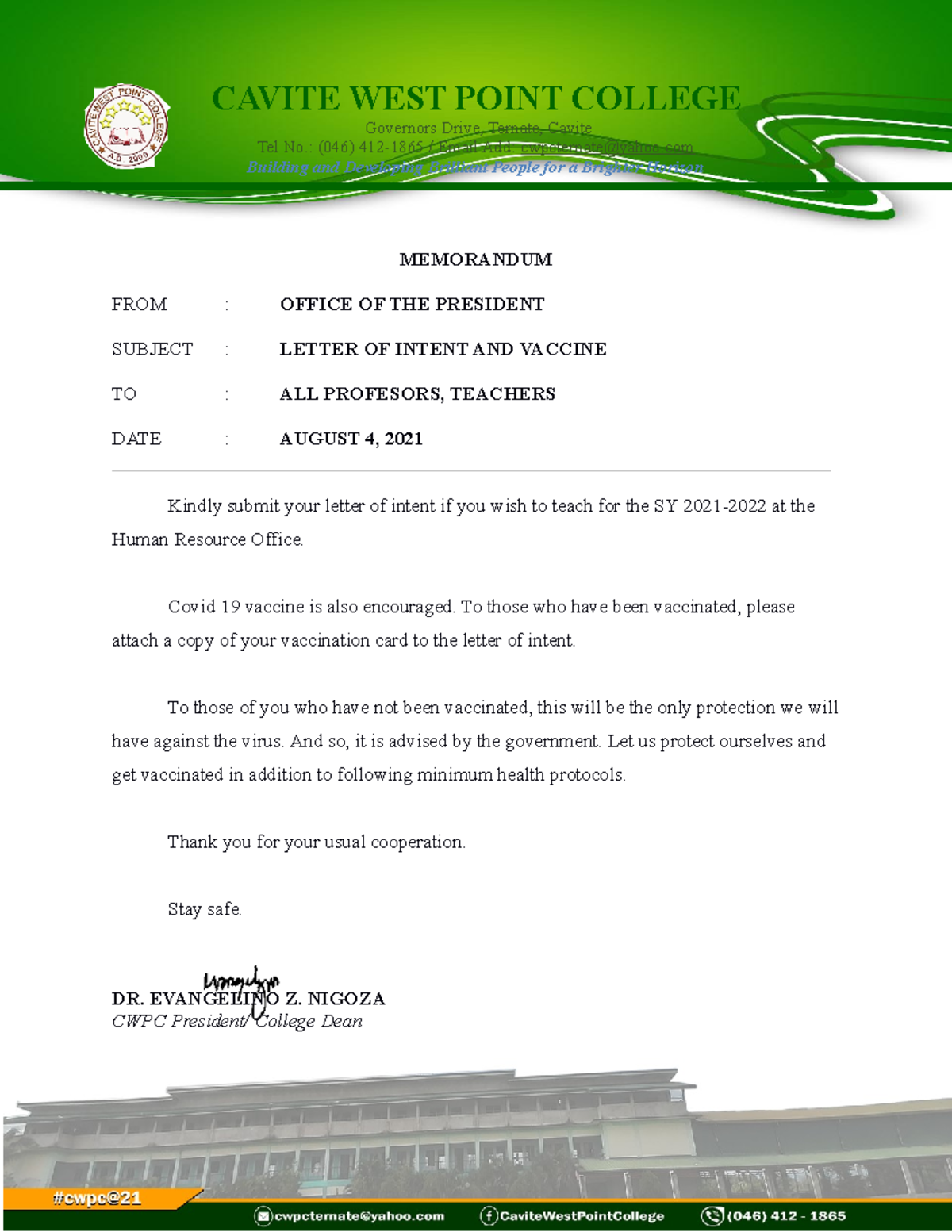 Letter of Intent and Vaccine - CAVITE WEST POINT COLLEGE Governors ...