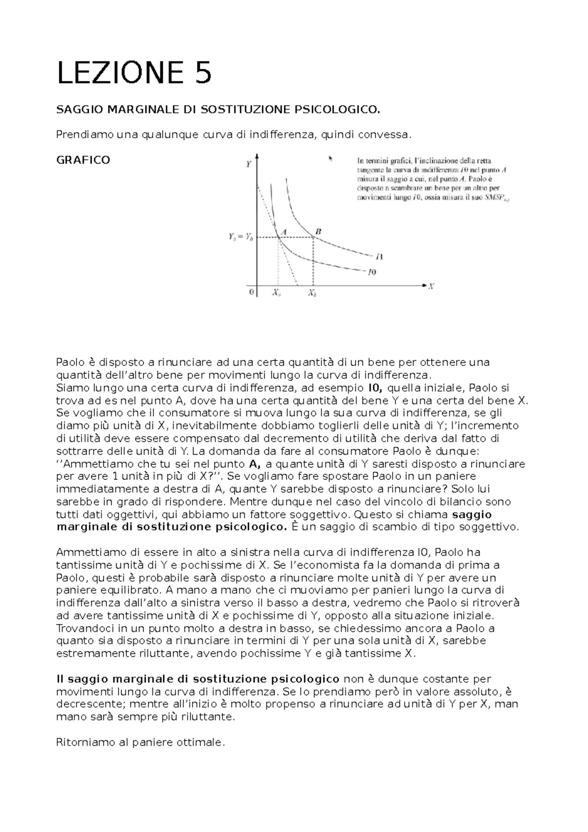 Quinta Lezione. Economia Politica LEZIONE 5 SAGGIO MARGINALE DI SOSTITUZIONE PSICOLOGICO