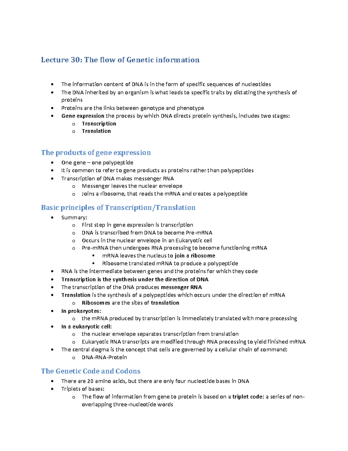 Lecture 30 The flow of Genetic information - Warning: TT: undefined ...