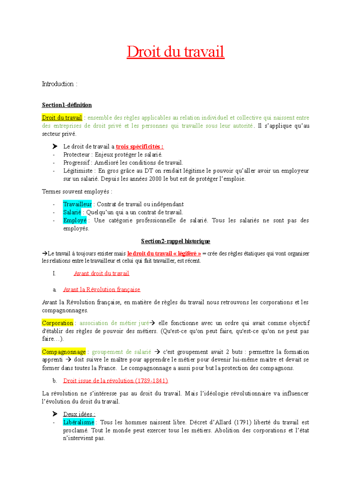 Droit du travail-CM - Notes de cours L2 - Droit du travail Introduction ...