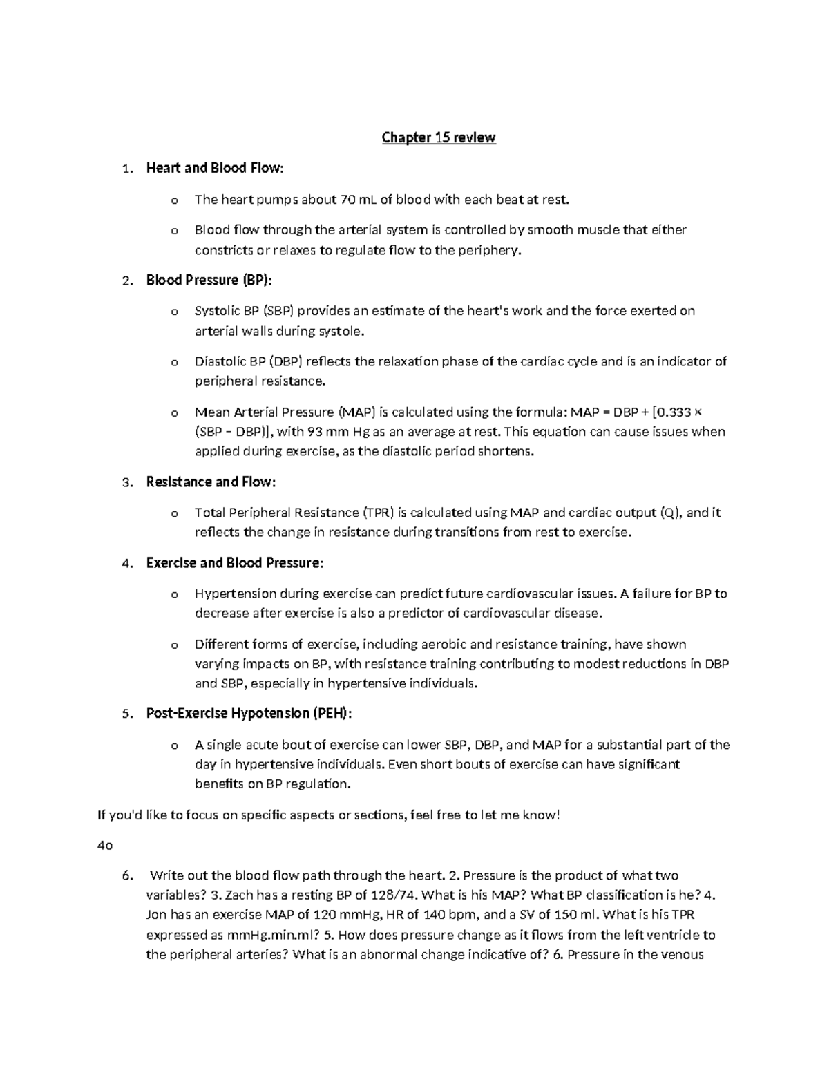Chapter 15 review - Chapter 15 review 1. Heart and Blood Flow: o The ...