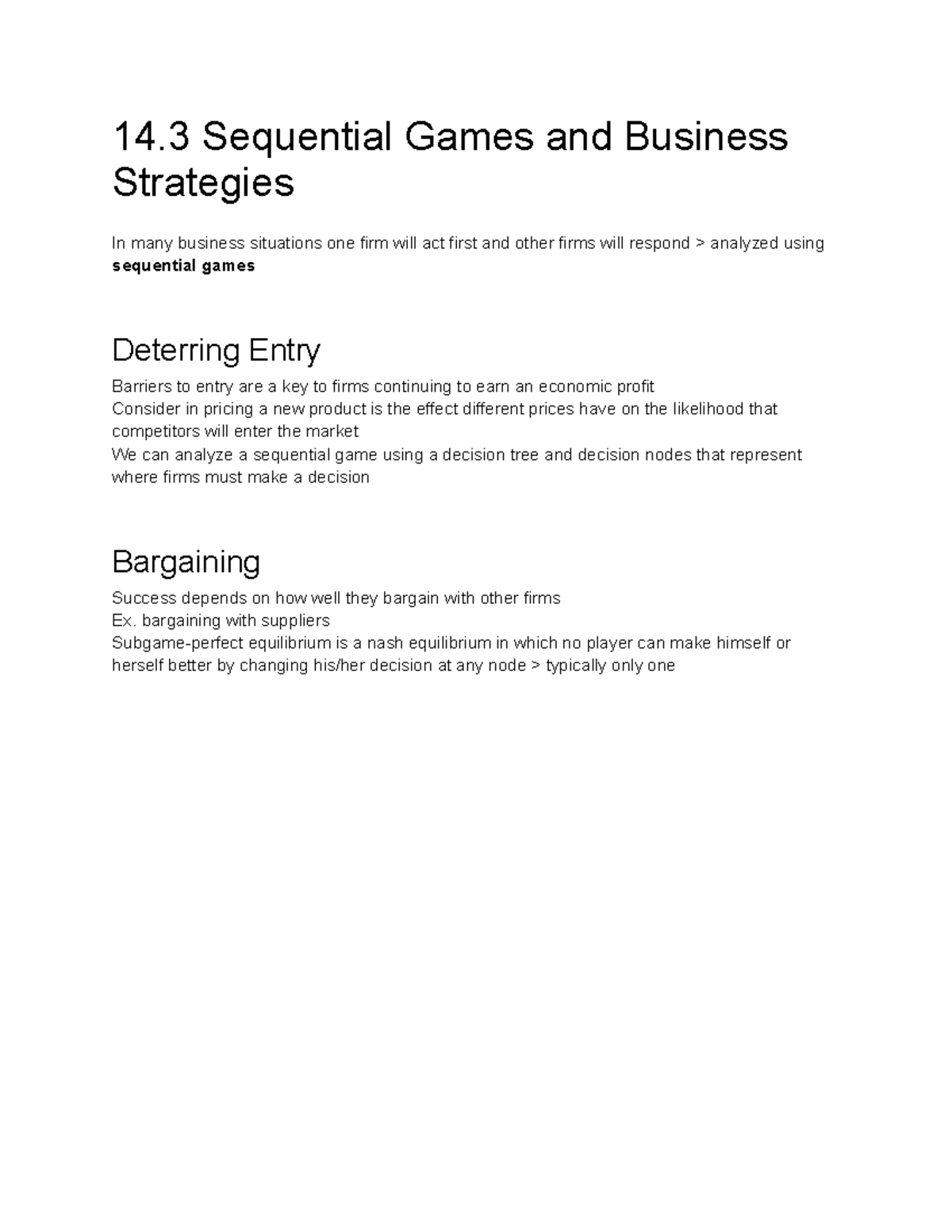 14.3 Sequential Games and Business Strategies - bargaining with suppliers  Subgame-perfect - StuDocu