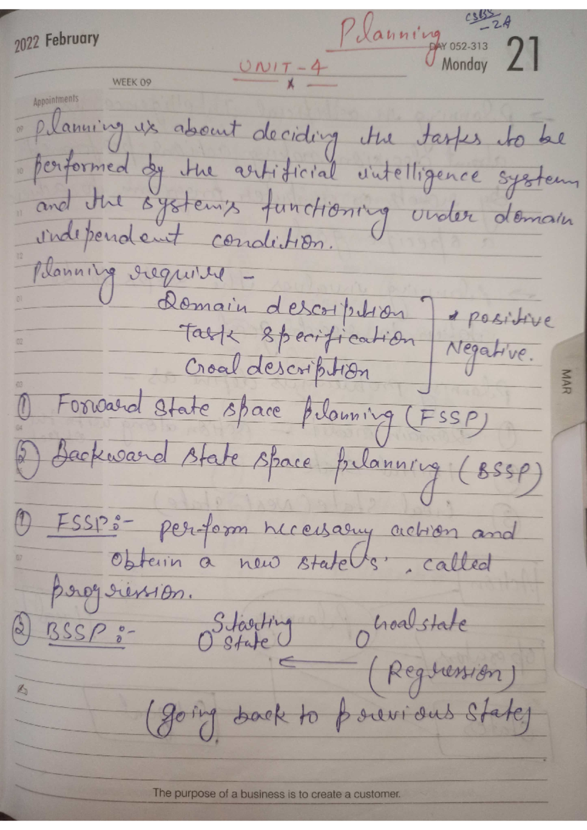 AI notes - CSBS 2022 February Planning DAY UNIT 4 Monday 21 WEEK 09 x