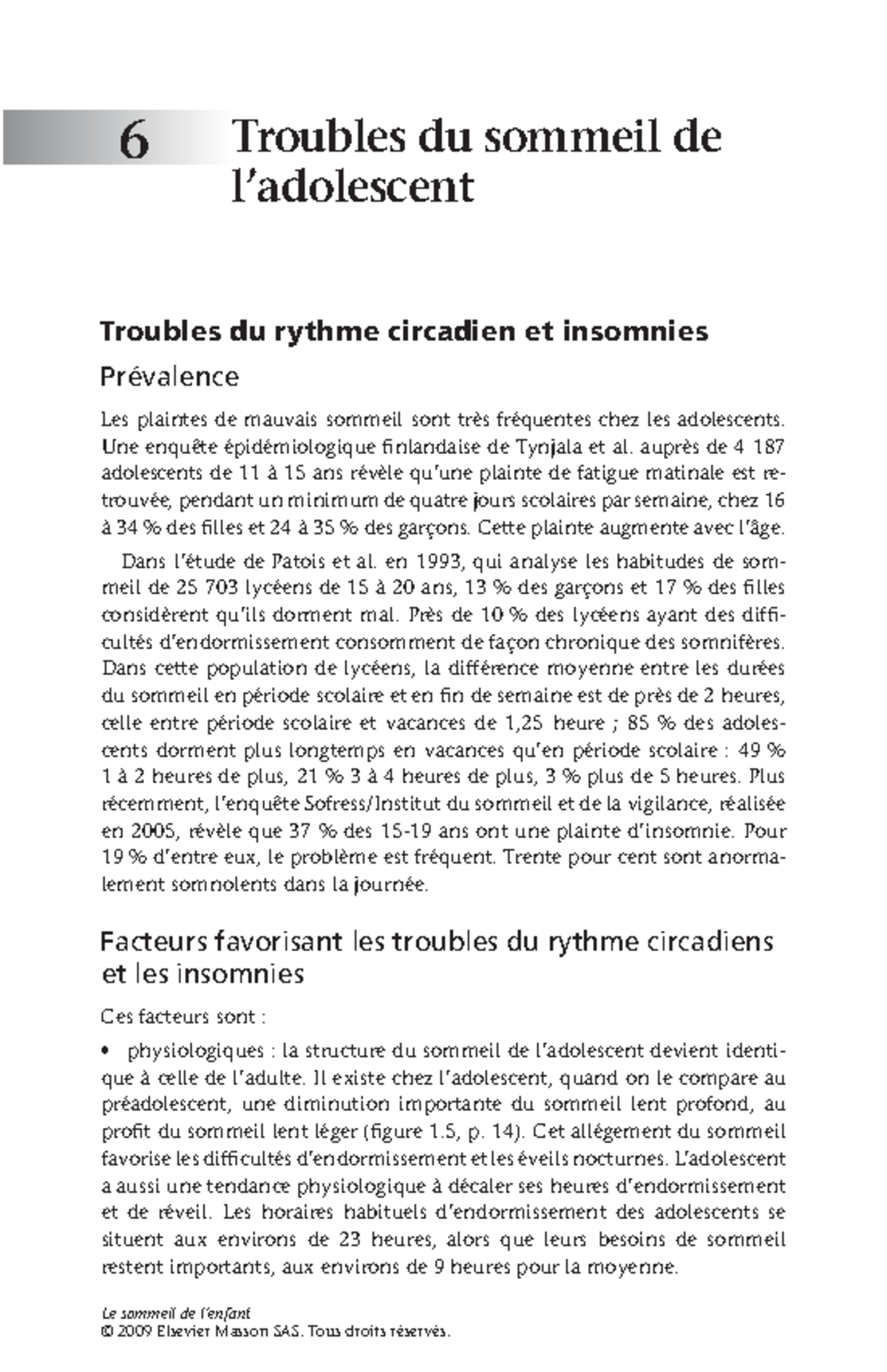 Troubles Du Sommeil - Le Sommeil De L’enfant © 2009 Elsevier Masson SAS ...