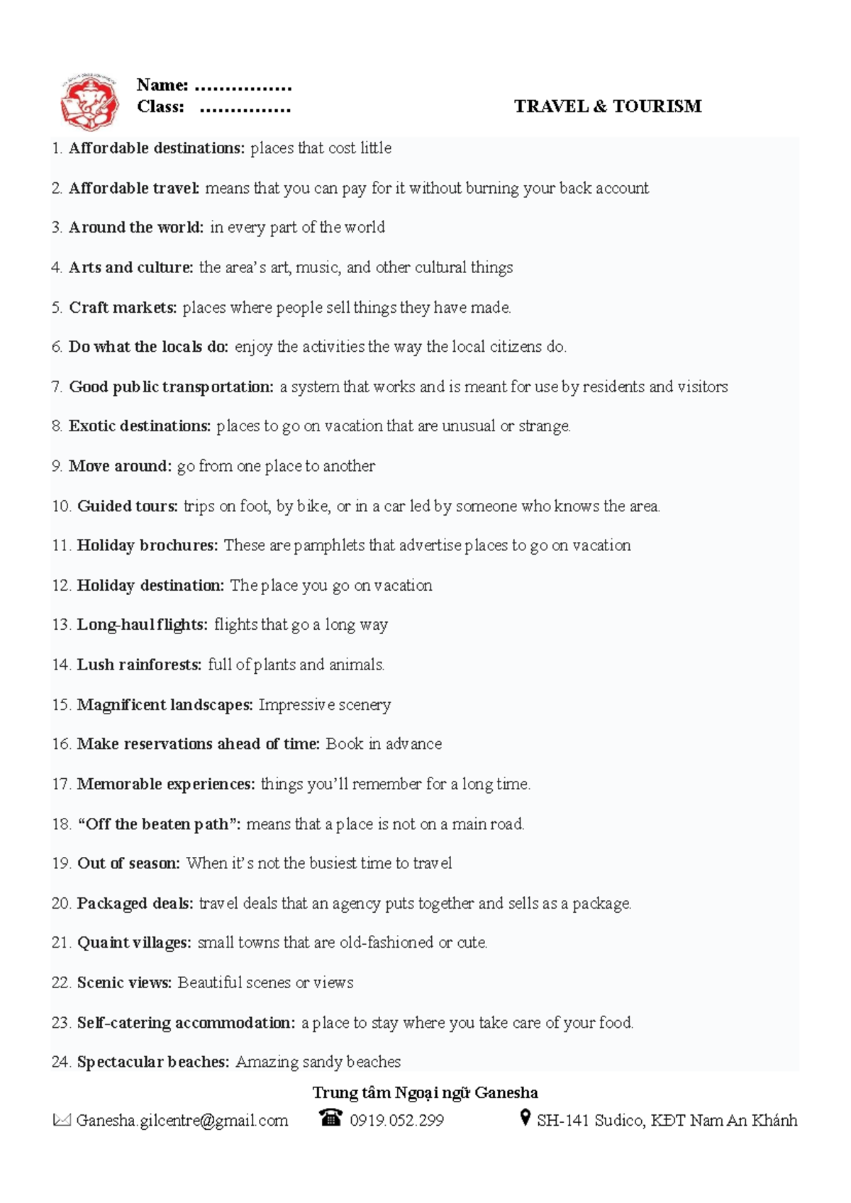 S4.speaking Travel & Tourism Name............. Class