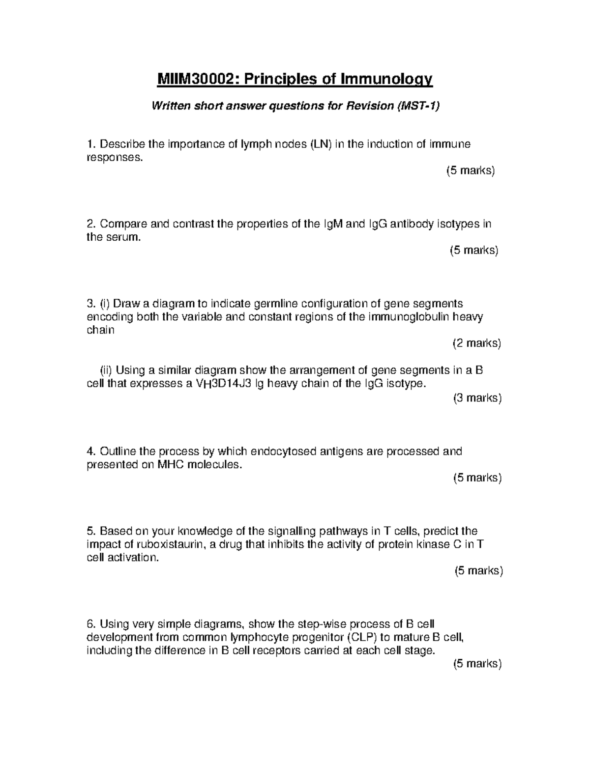 Sample/practice Exam, Questions - Principles Of Immunology Written ...