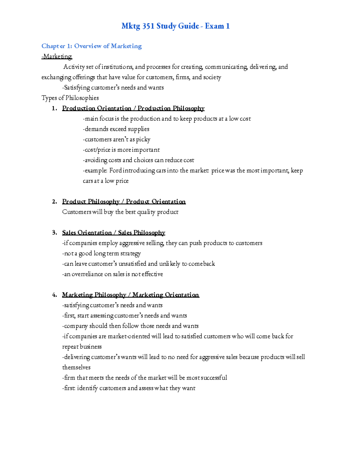 MKTG 351 Exam 1 - Google Docs - Chapter 1: Overview Of Marketing ...