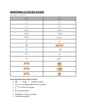 Test #1 study guide - TEST 1 STUDY GUIDE REVIEW STUFF f(x) f′ ą 2 2ą ą ...