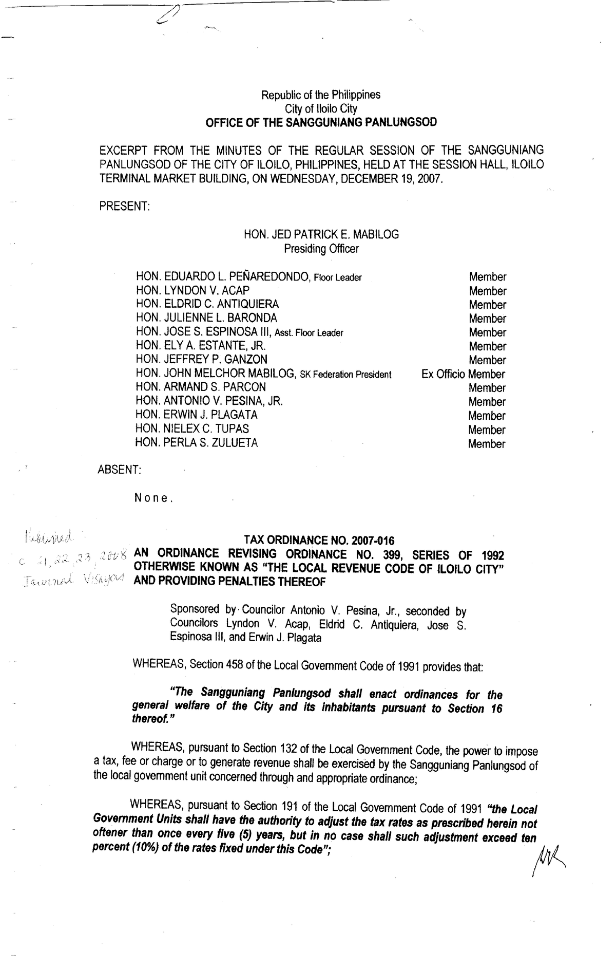 TO 2007-016 Revising Ordinance NO. 399 Series OF 1992 Known AS Local ...