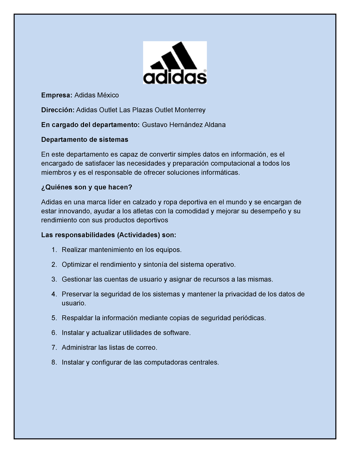 histórico Administración diario Empresa Adidas - Completo - Empresa: Adidas México Dirección: Adidas Outlet  Las Plazas Outlet - Studocu