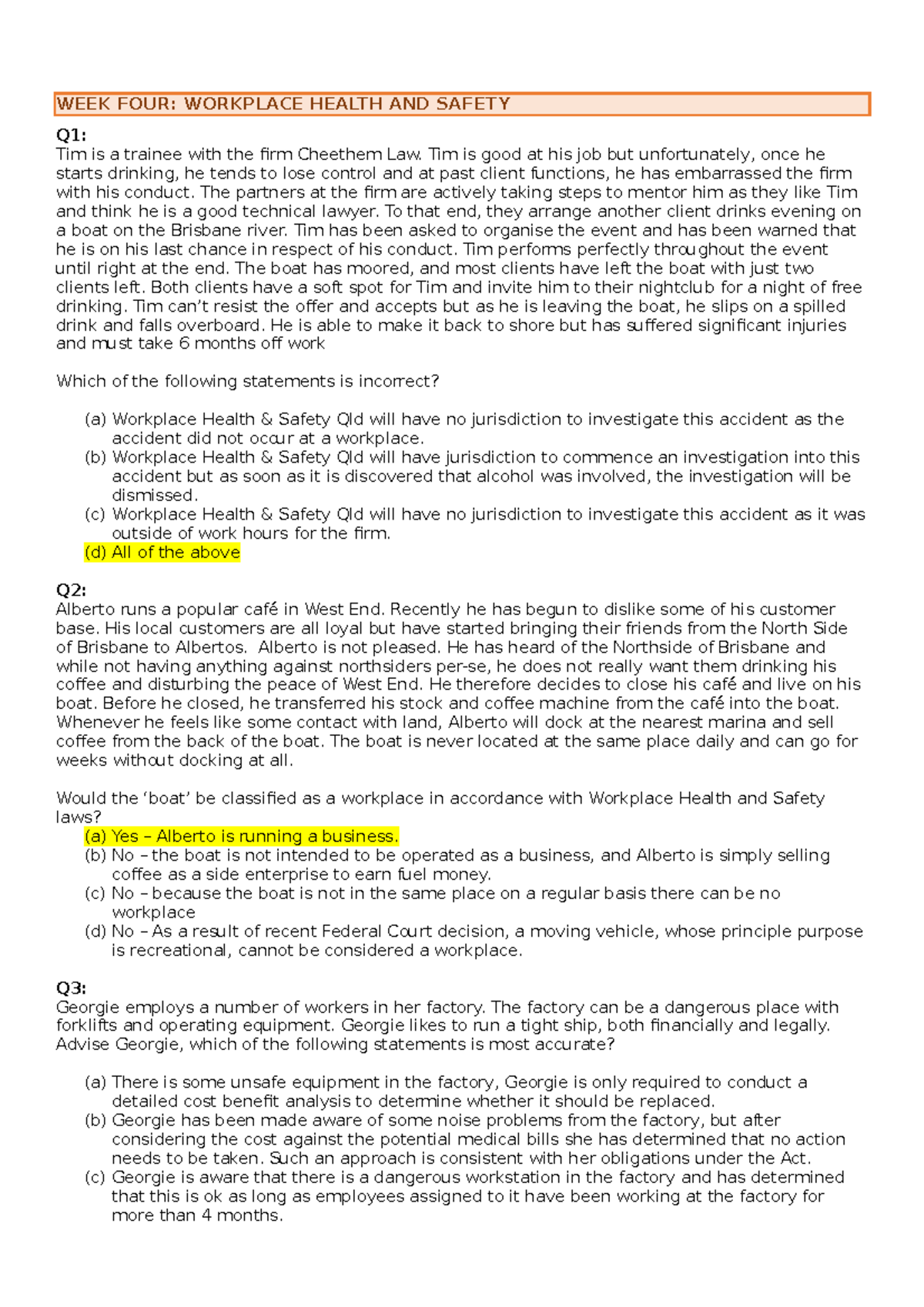 LLB142 MCQ Practice Questions WEEK FOUR WORKPLACE HEALTH AND SAFETY