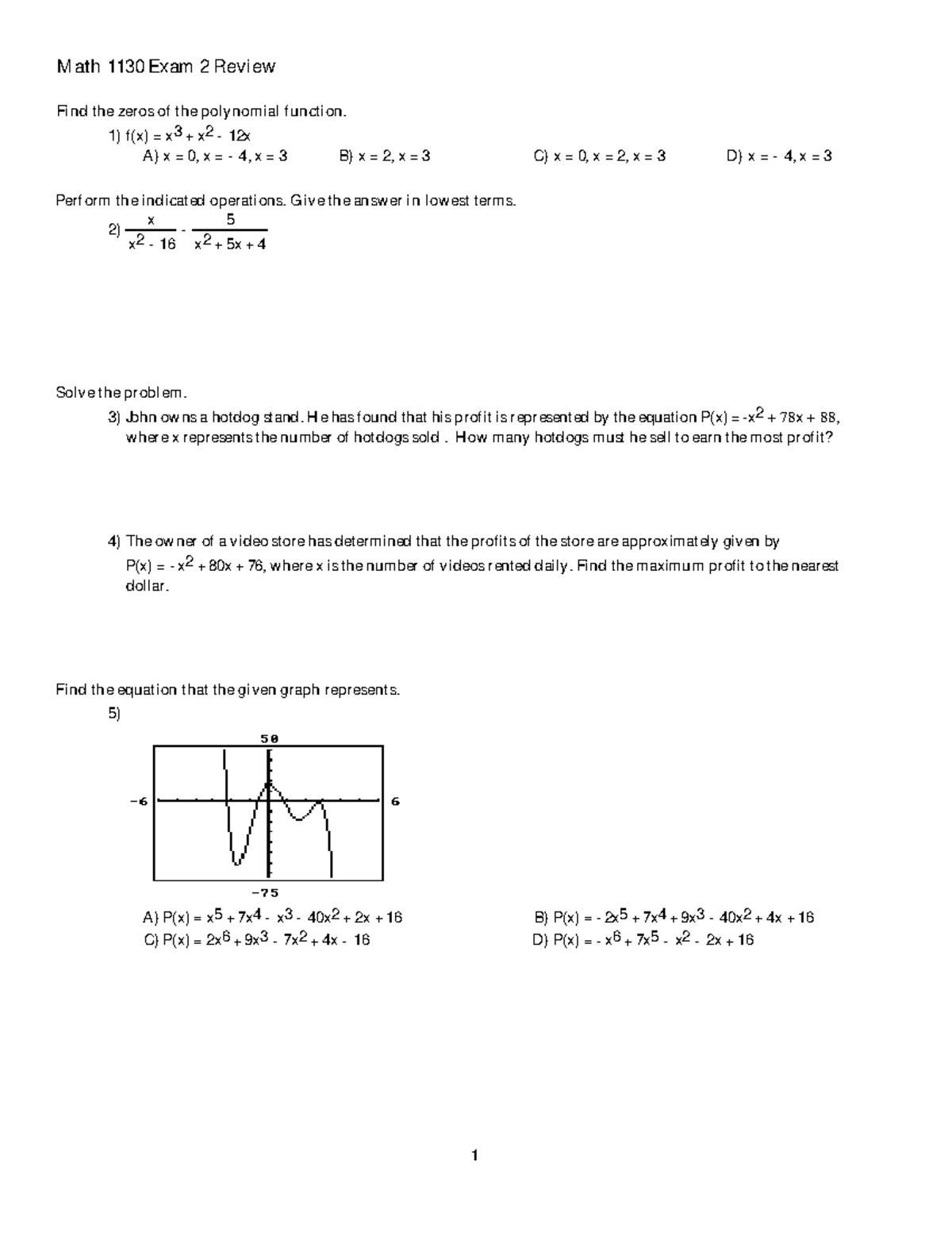 Exam 2 Review - Math 1130 Exam 2 Review Find the zeros of the ...