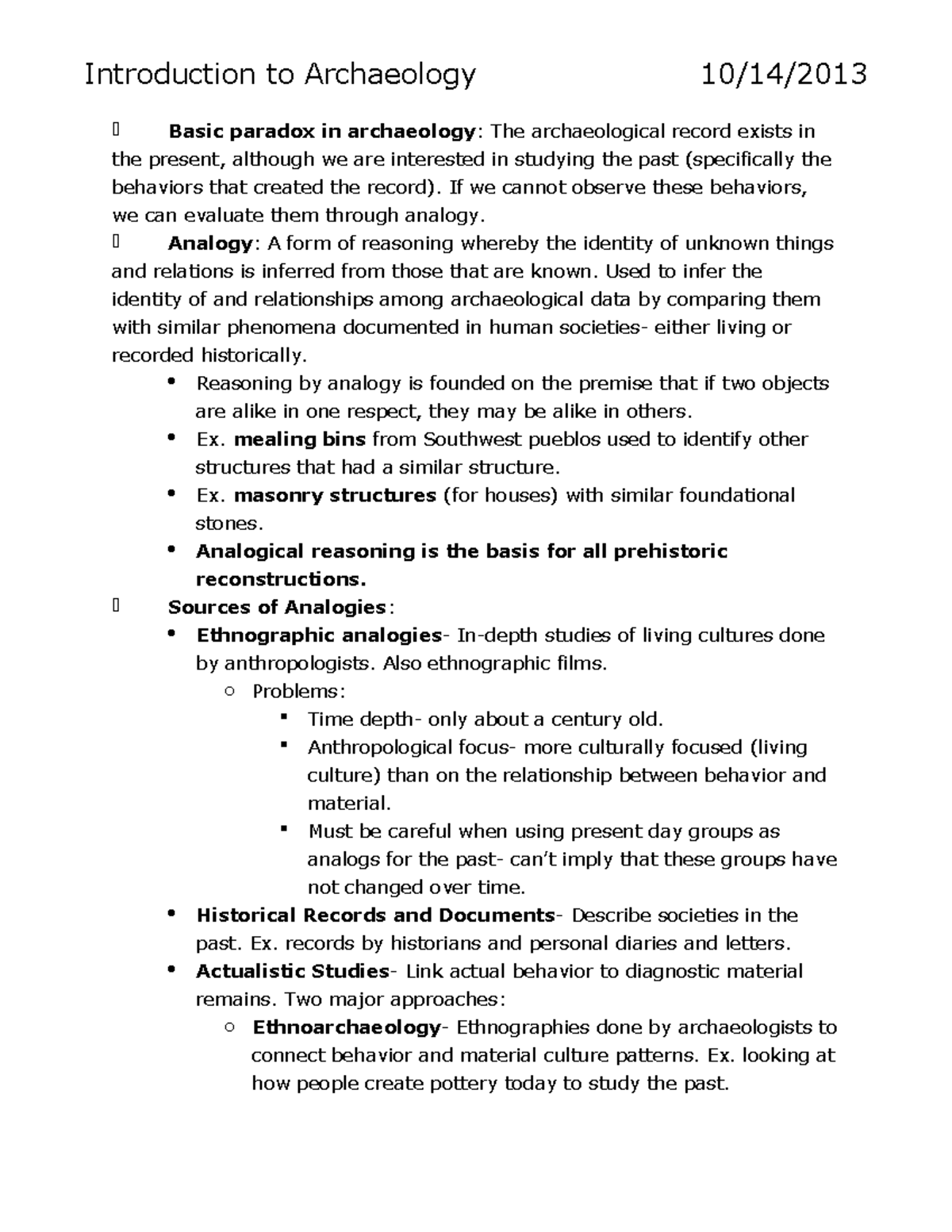 Week 8 - Lecture notes 20-22 - Introduction to Archaeology 10/14/ Basic ...