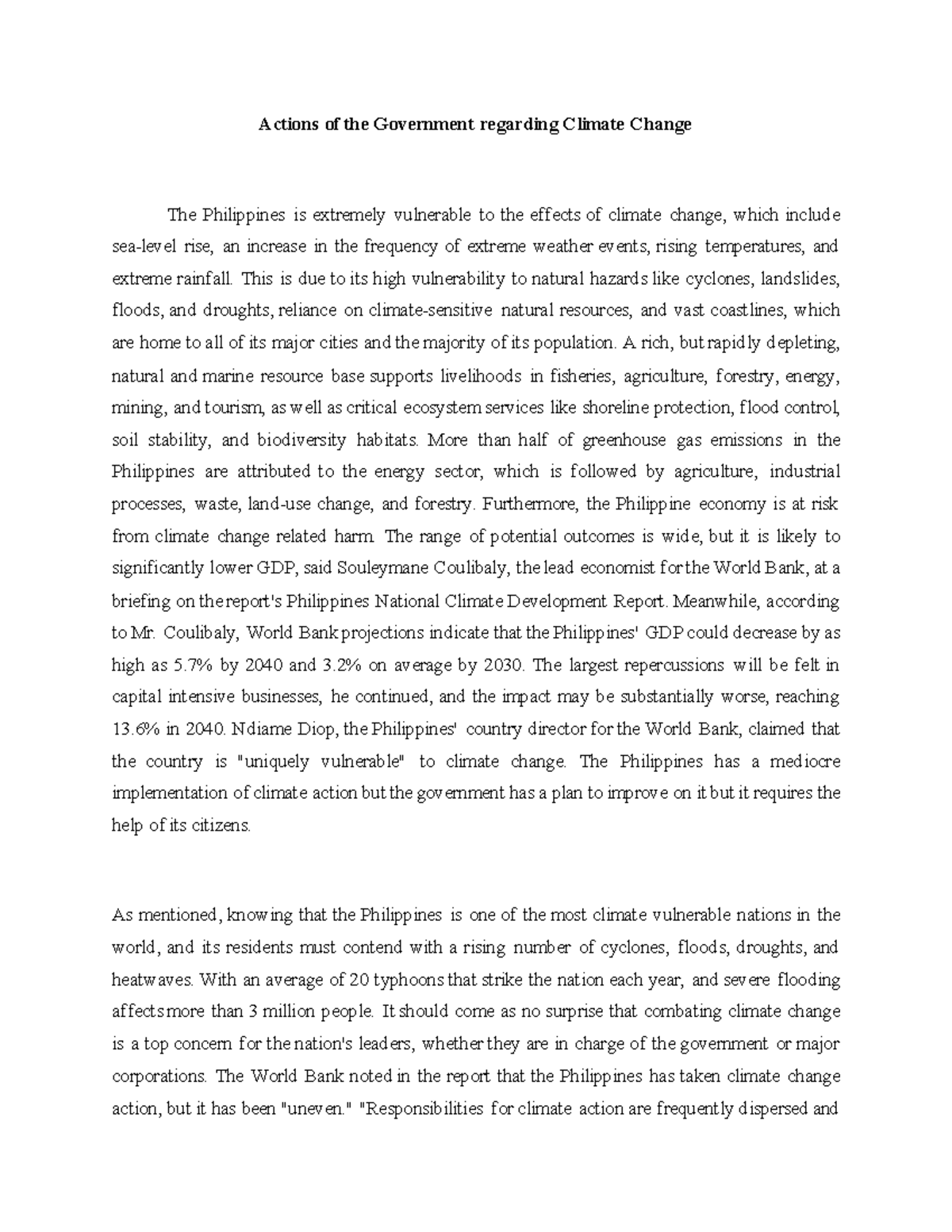 Reflection- Paper - Essay - Actions of the Government regarding Climate ...