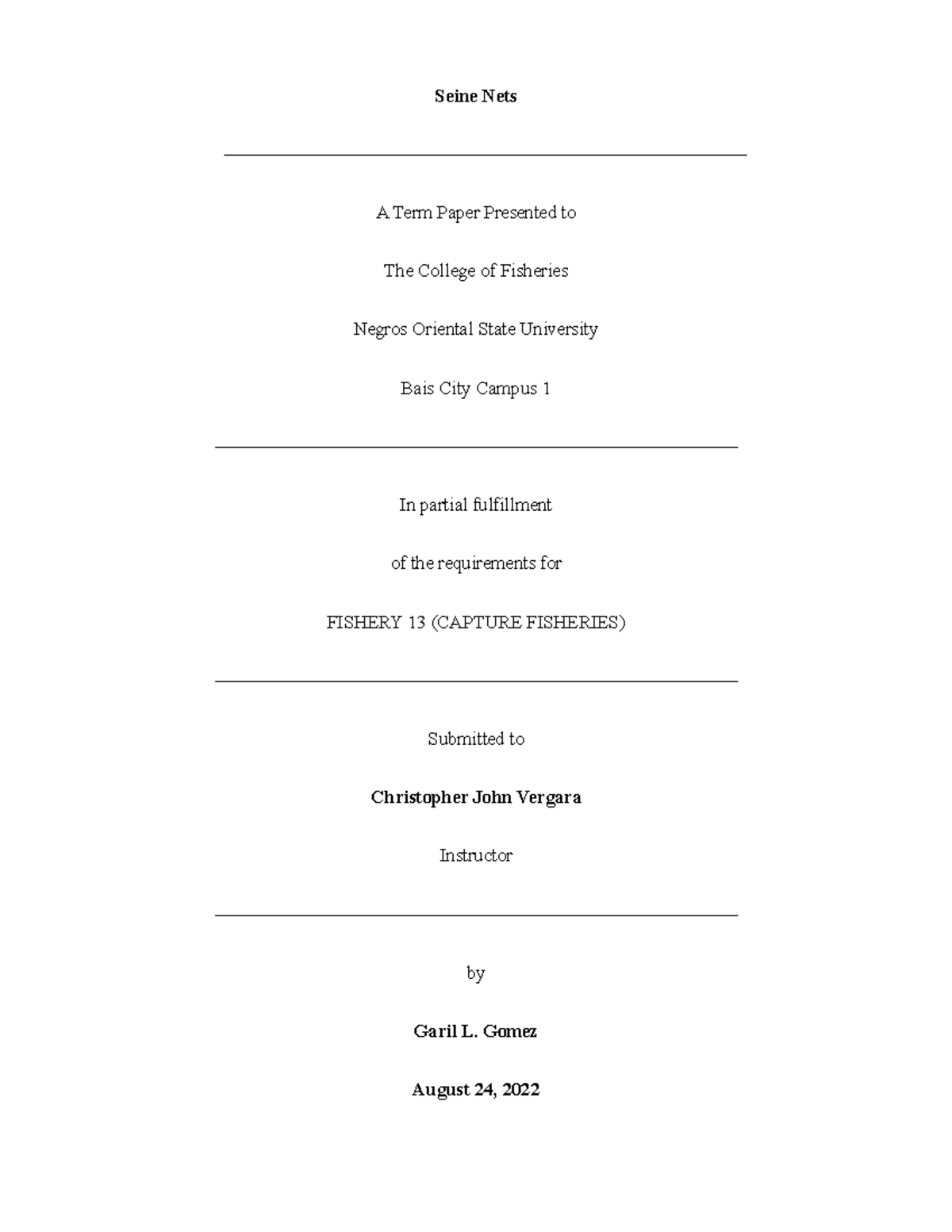 Term Paper examples ideas - Seine Nets ———————————————————————————— A ...