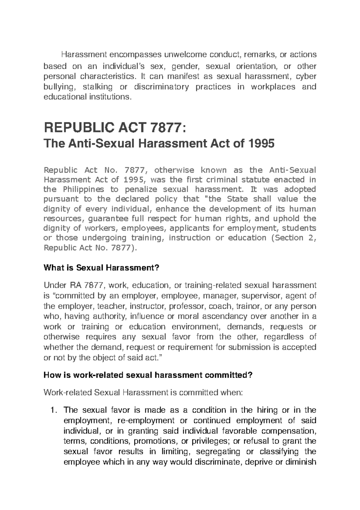 RA-7877 - PDF for Republic Act No. 7877 - Harassment encompasses ...