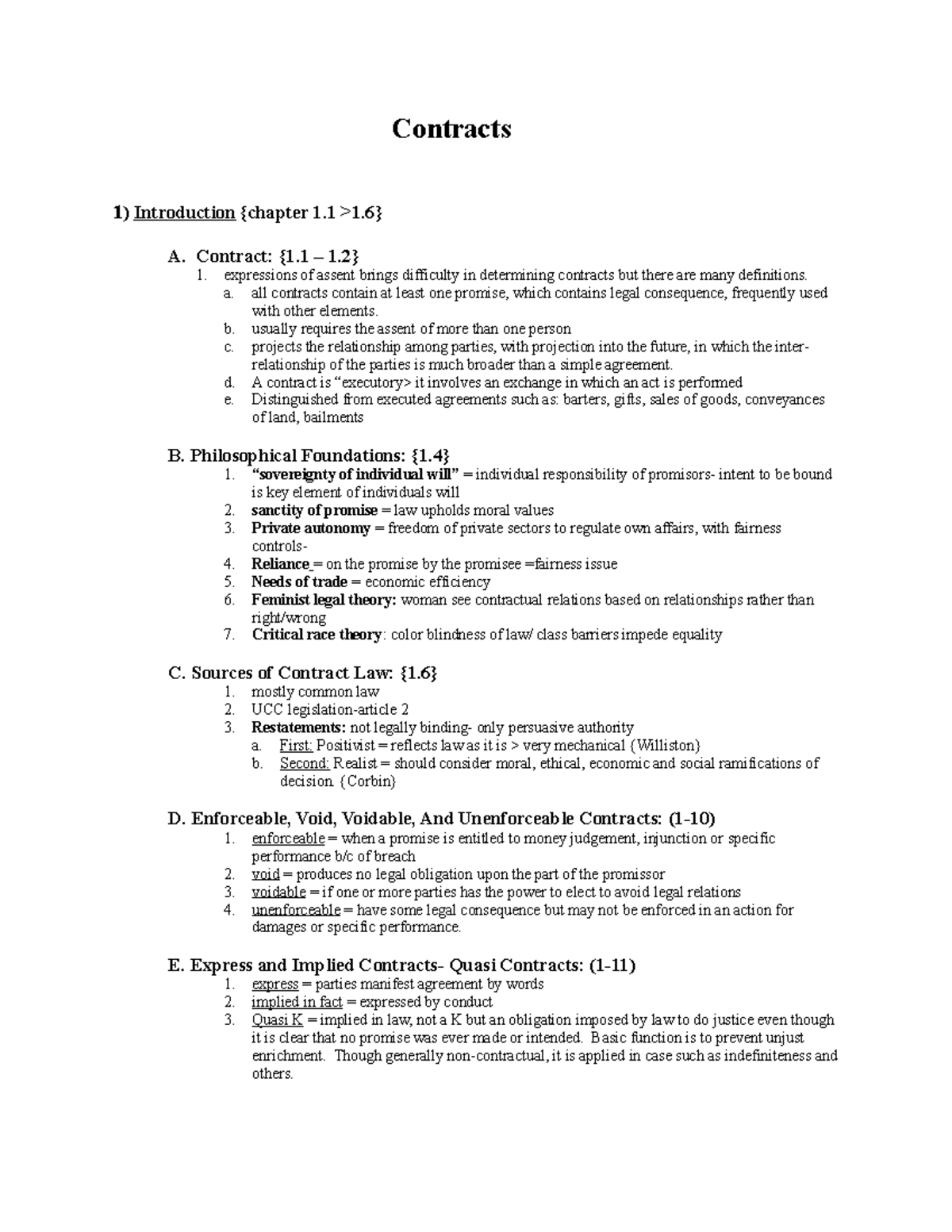 Contracts Law Outline - 2 - Contracts 1 ) Introduction {chapter 1 >1} A ...