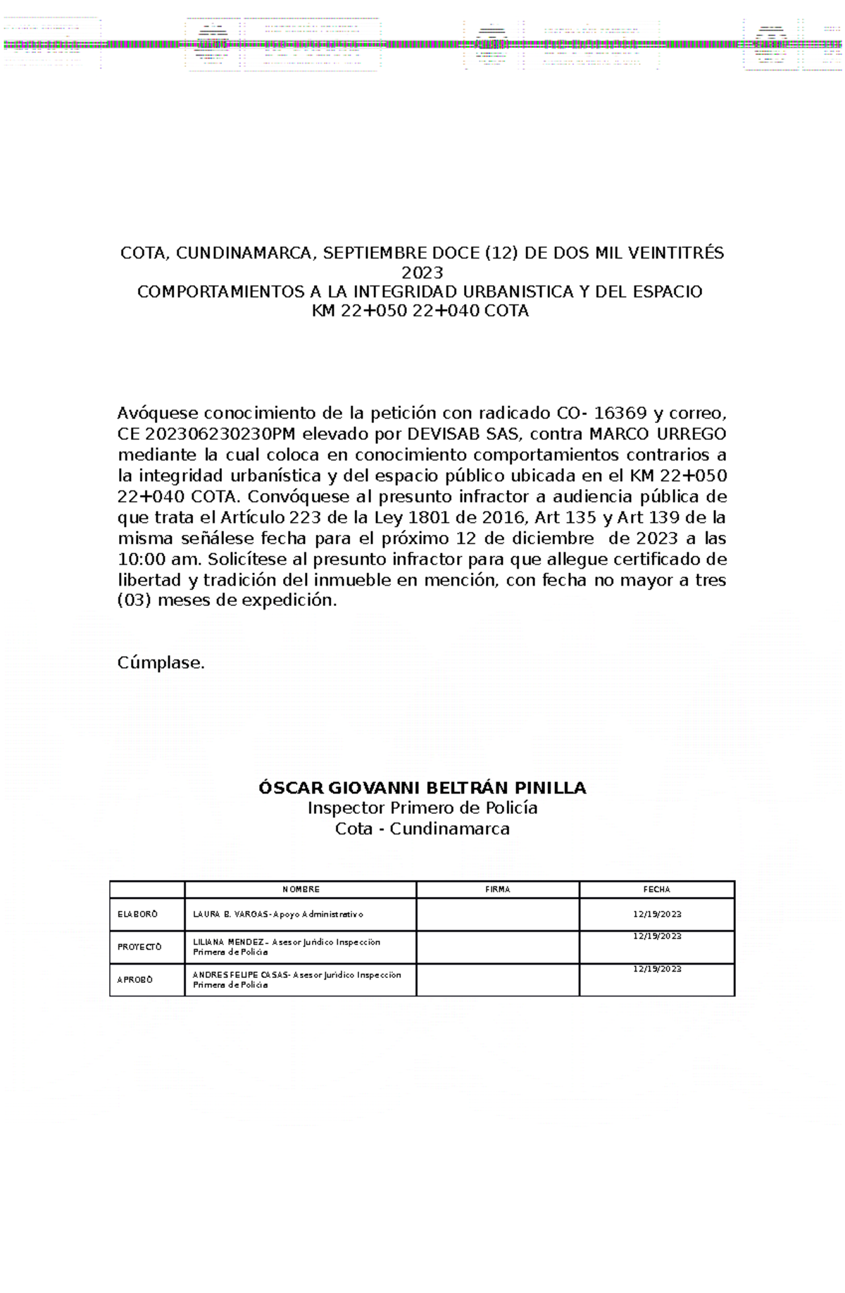AUTO Avoca Conocimiento Devisab Marco Urrego COTA, CUNDINAMARCA