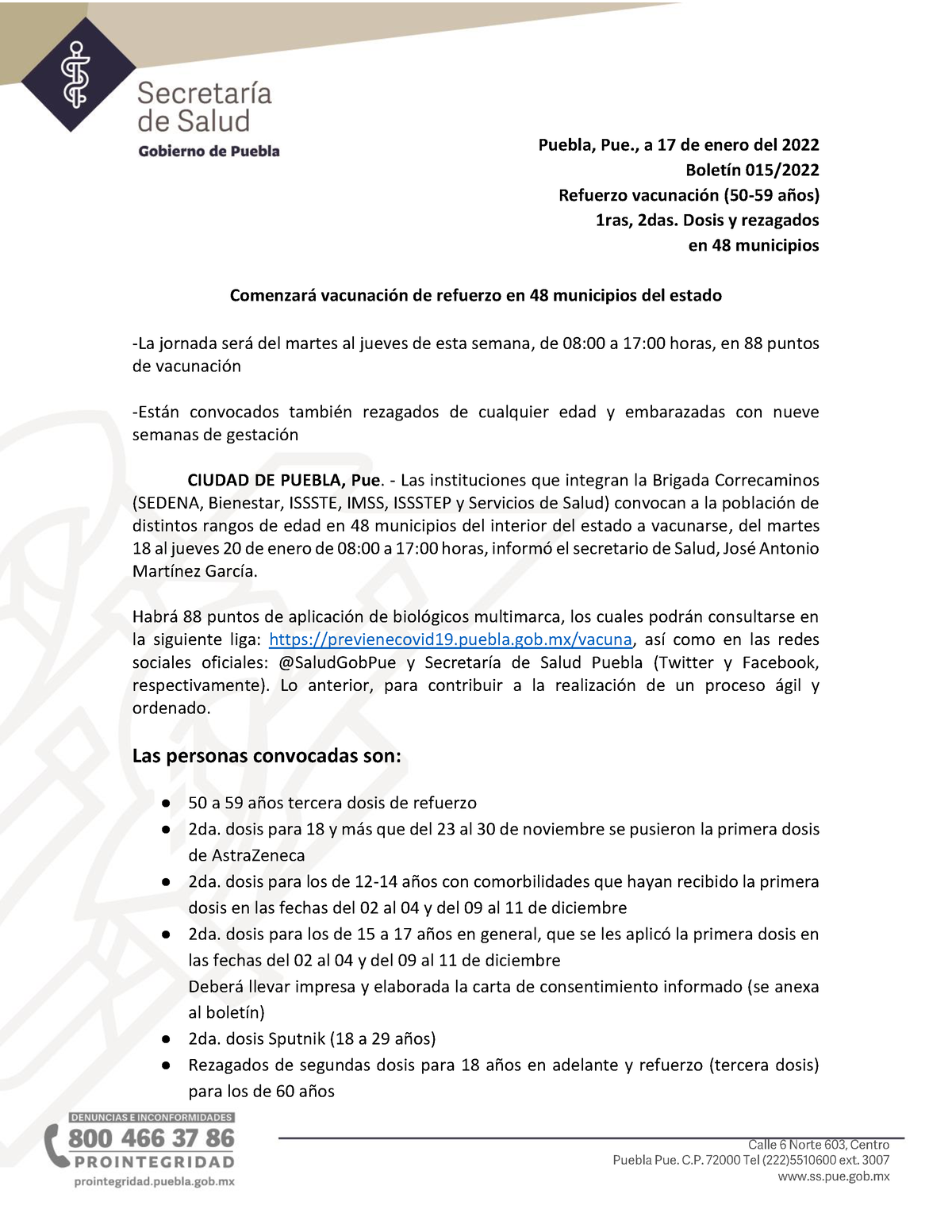 Boletin 015 covid vacuna puebla fechas - Puebla, Pue., a 17 de enero del  2022 Boletín 015/ - Studocu