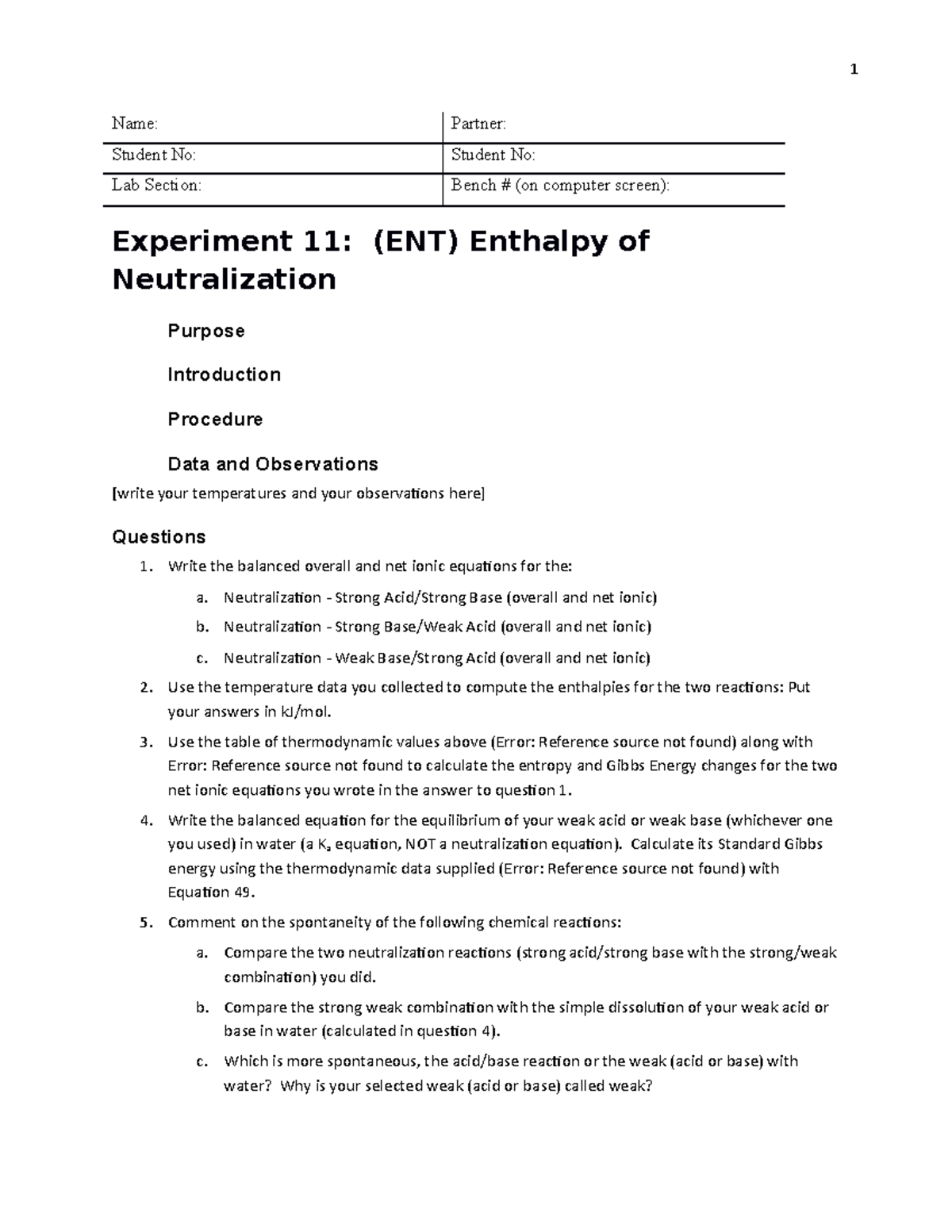 Template Enthalpy of Neutralization Virtual lab Name Partner