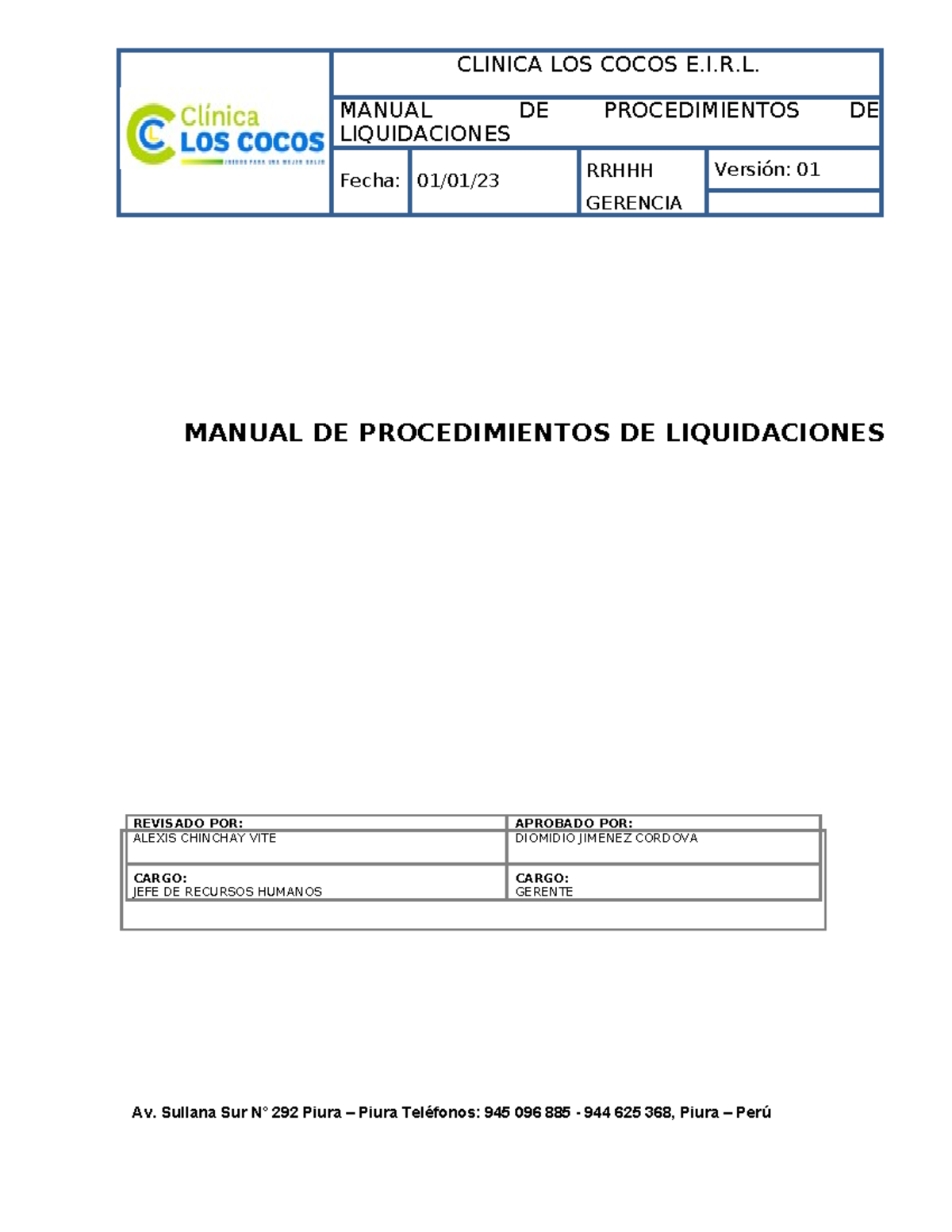 Manual DE Procedimientos DE Tesoreria - CLINICA LOS COCOS E.I.R. MANUAL ...