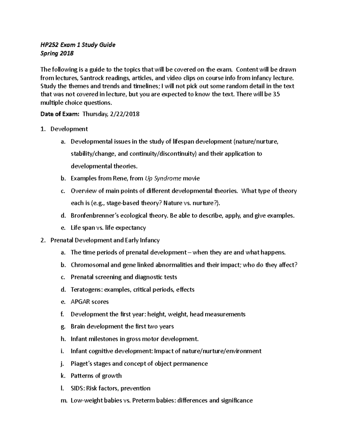 Exam 1 Spring 2018 Study Guide(1) - HP252 Exam 1 Study Guide Spring ...