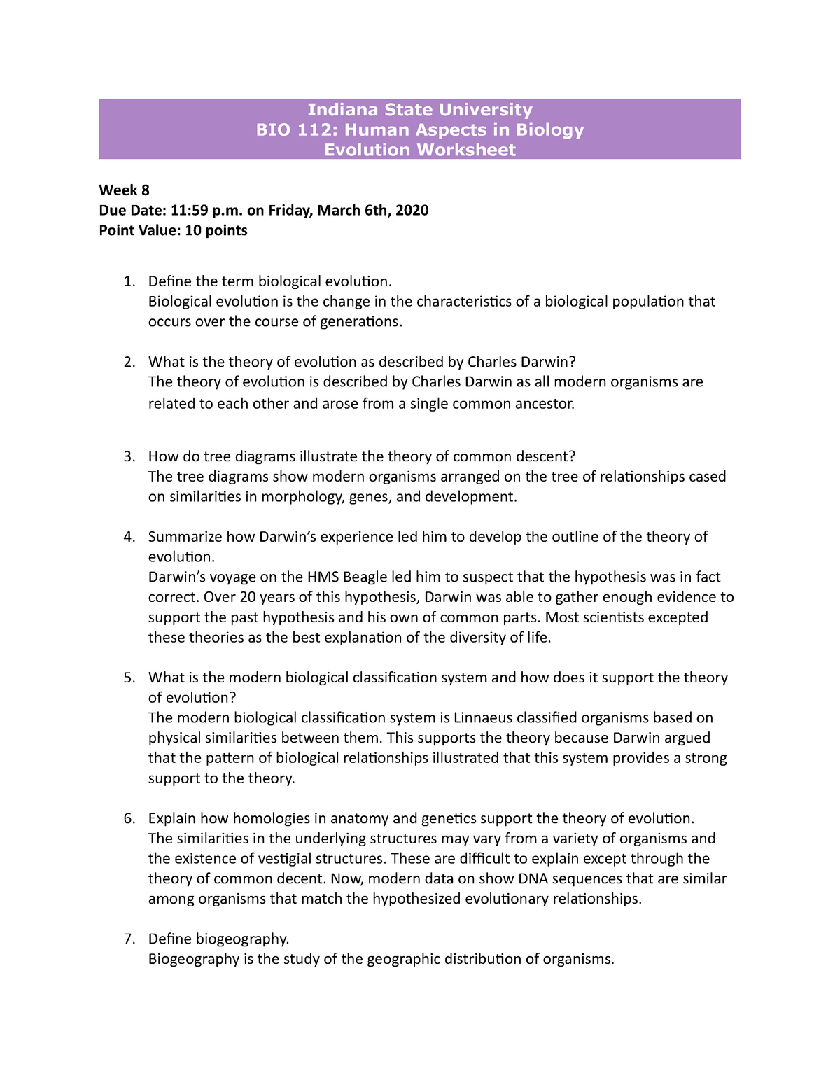 Week 25 Evolution Worksheet - Indiana State University BIO 25 For Types Of Evolution Worksheet