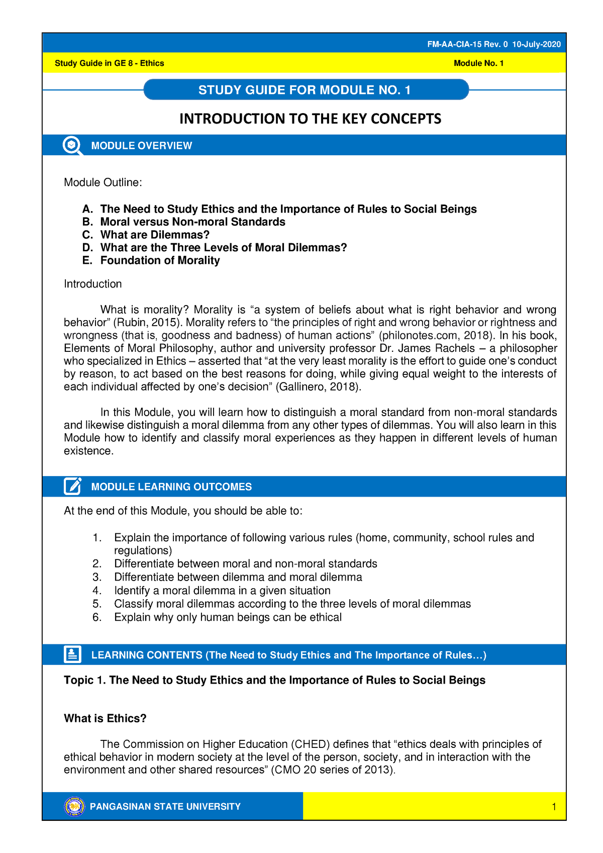 GE 8 Ethics Study Guide for Module 1 - PANGASINAN STATE UNIVERSITY ...