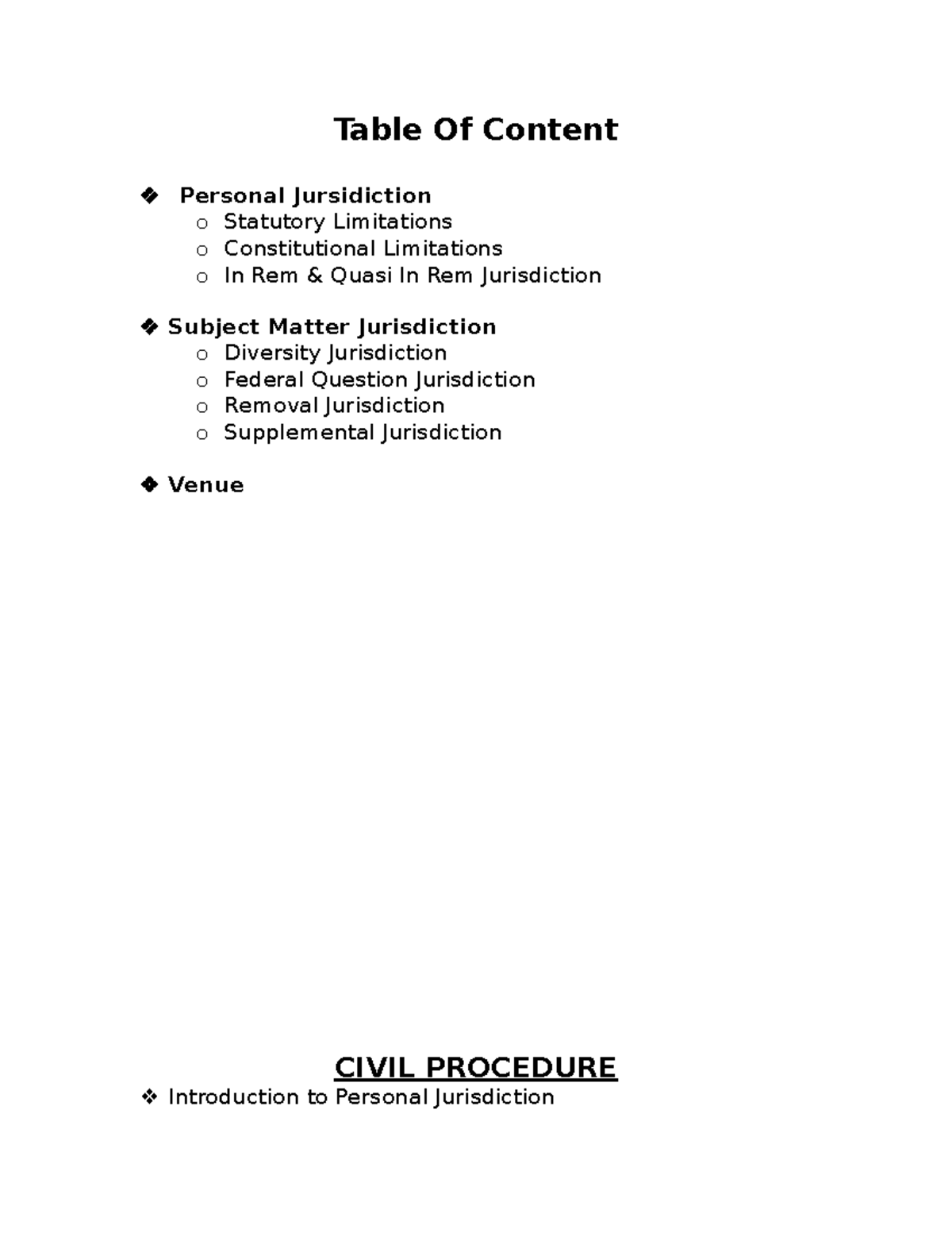 Quimbee Notes Table Of Content Personal Jursidiction o Statutory