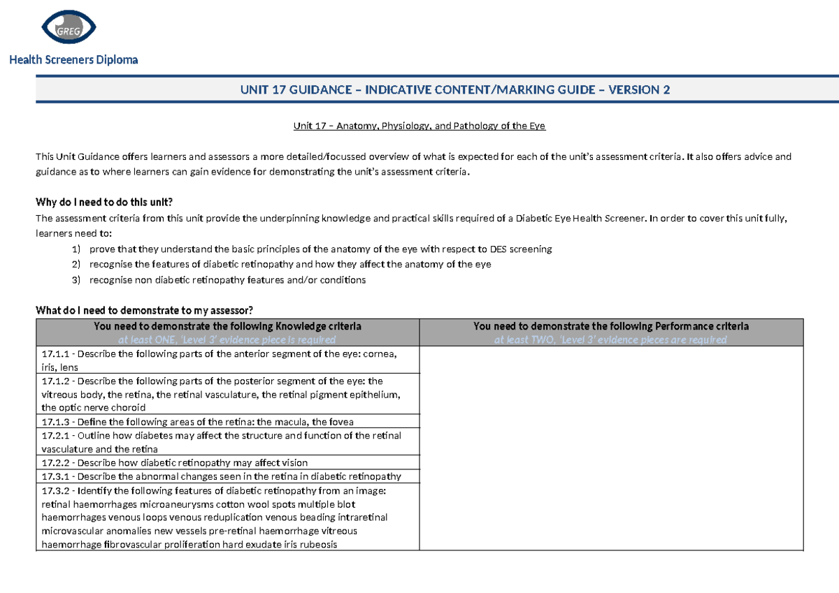 Unit 17 guidance - Health Screeners Diploma UNIT 17 GUIDANCE ...