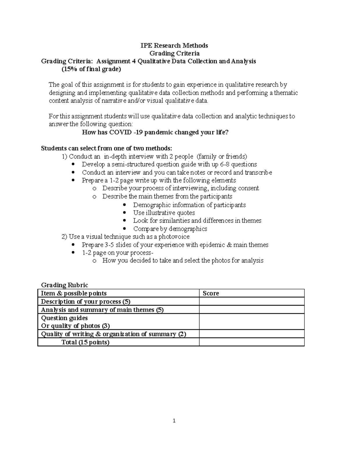Assignment 4 Qualitative Research grading criteria IPE Research