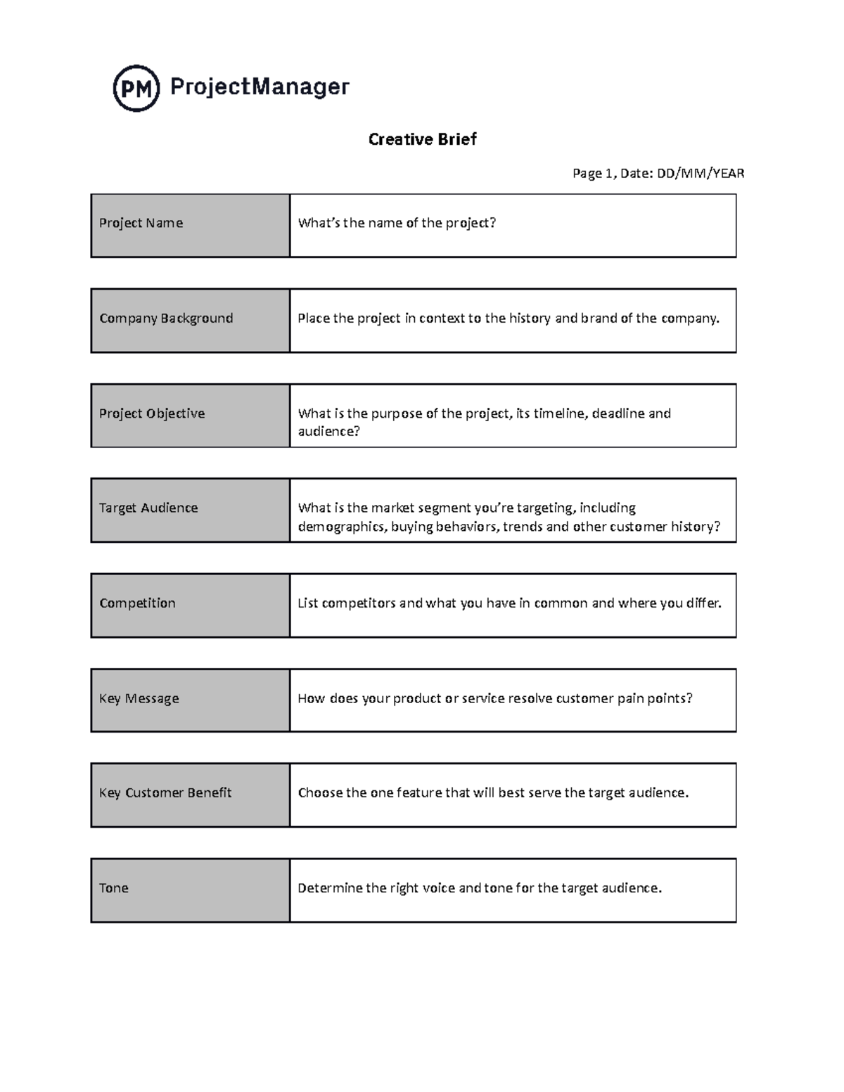 Free Creative Brief Template Project Manager ND23 - Creative Brief Page ...
