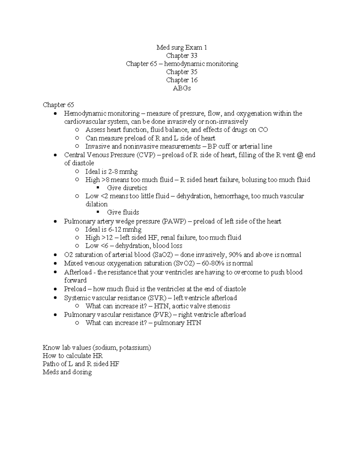 Med Surg Exam 1 - Med Surg Exam 1 Chapter 33 Chapter 65 – Hemodynamic ...